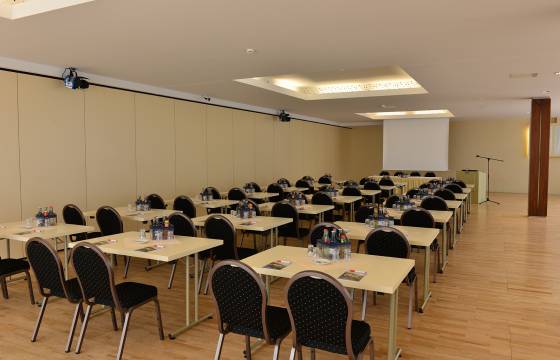 Saal mit Tischen, Stühlen und Leinwand Strandhotel Seerose Usedom 